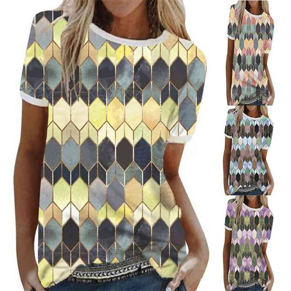 Geometrik Gem Şekilli Patchwork Baskı Yaz O-Boyun Kısa Kollu T-Shirt Casual Gevşek Sokak Giyim kadın Büyük Boy T-Shirt Mavi 210604