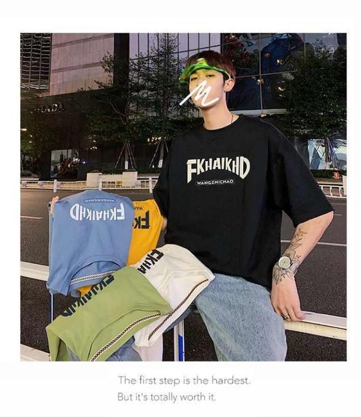 

summer style letter print men's teeloose round collar t-shirt fashion youth tee half-sleeve clothes, White;black