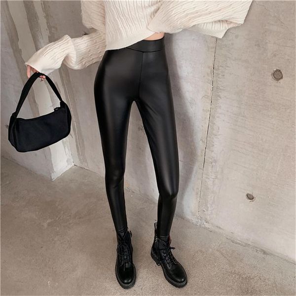 

women's pants & capris 2021 winter thicken velvet skinny women elastic high waist pu leather faux stretch female trousers in, Black;white