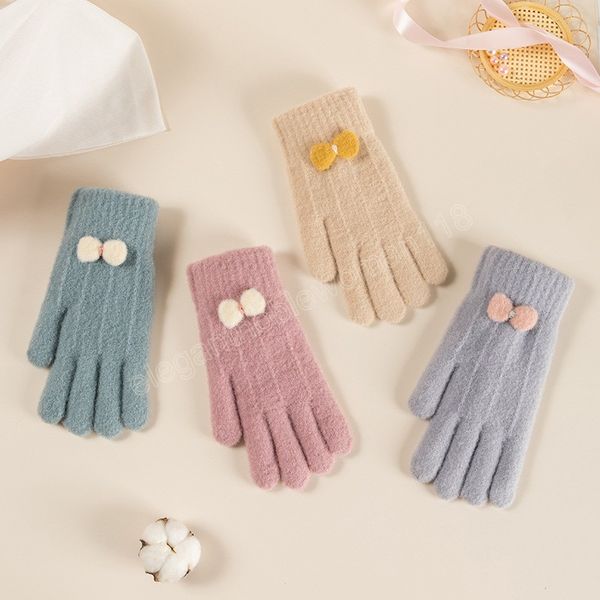 

female winter warm gloves elastic full finger thick cycling driving mittens women men knitted woolen bowknot short wrist gloves, Blue;gray