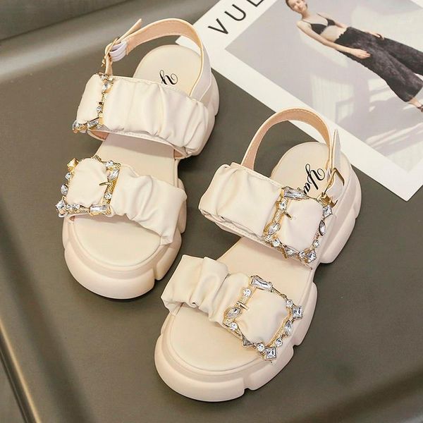 

dress shoes 2021 women summer platform heel chunky beach sandals rhinestone comfortable soft leather slippers sandaleas de mujer, Black