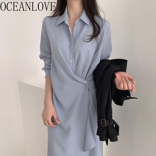 

casual dresses oceanlove office lady autumn solid buttons elegant work fashion vestidos 2021 chic blue irregular women 17579, Black;gray