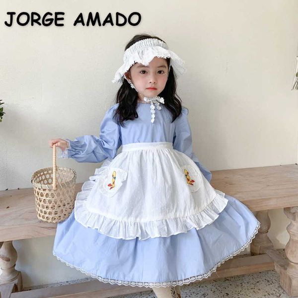 

korean style spring girls 2-pcs sets dress blue puff sleeves dresses+cartoon duck apron children clothes e648 210610, Red;yellow