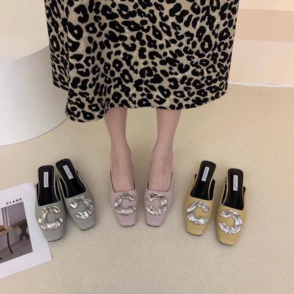 

slippers square toe casual women metal design solid color summers flip flops beach shoes thick low heels comfortable, Black