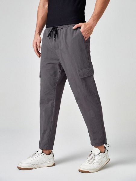 

men drawstring waist flap pocket patched pants q6y1#, Black