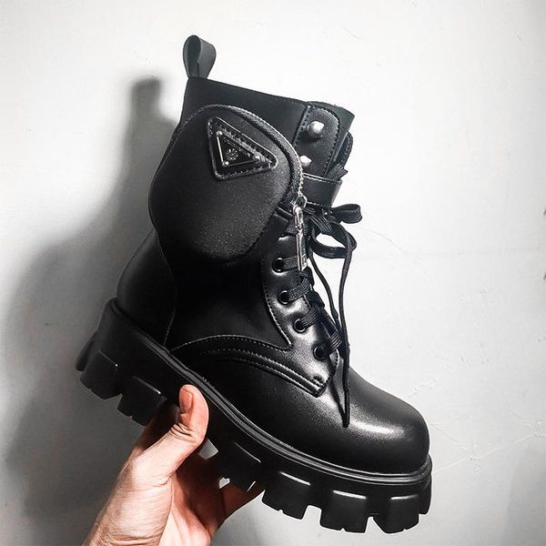 

boots fall winter brand style women ankle pocket wallet belt buckle handsome riding booties leather flat platform lace-up, Black
