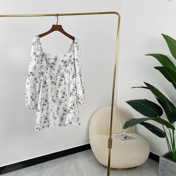

casual dresses wild floral print mini squre collar white long sleeve office lady 2021 summer fashion women 100% linen, Black;gray