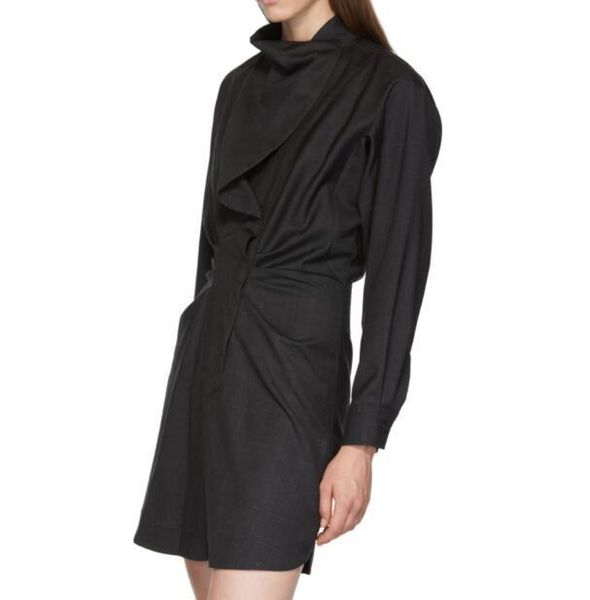 

casual dresses [elfstyle] - valentine wales checked wool mini dress pleated front snap buttons high nek long sleeves buttoned cuffs fashion, Black;gray