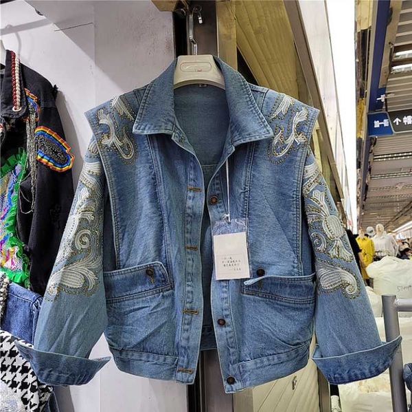

women's jackets women long sleeve blue denim jacket 2021 early spring rhinestone embroidery lapel single-breasted short coat, Black;brown