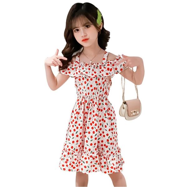 

kids dresses for girls cherry party dress ruffles children summer clothes 6 8 10 12 14 girl's, Red;yellow