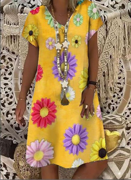 

202v neckline chrysanthemum casual short sleeve flower dress, Black;gray
