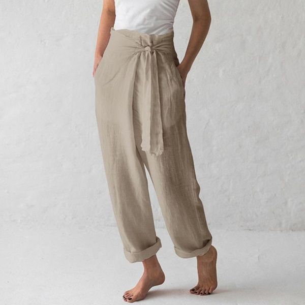 

women's pants & capris 2021 vintage linen summer tousers casual elastic waist spring pantalon female cropped oversized, Black;white
