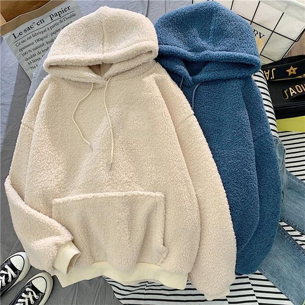 

women's hoodies & sweatshirts fleece women autumn winter 2021 solid vintage loose korean style velvet padded thickened fashion female, Black