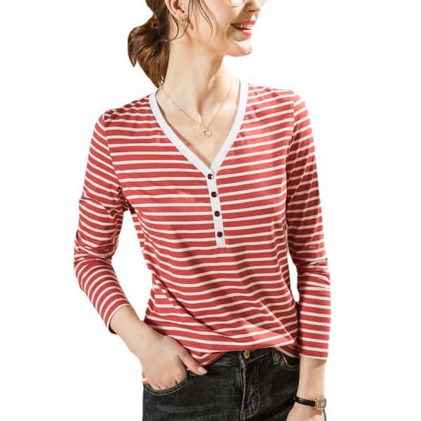 

women's t-shirt 2021 fashion women summer long sleeves stripe printed v-neck casual loose soft woman tee shirts girl's clothes ae0, White