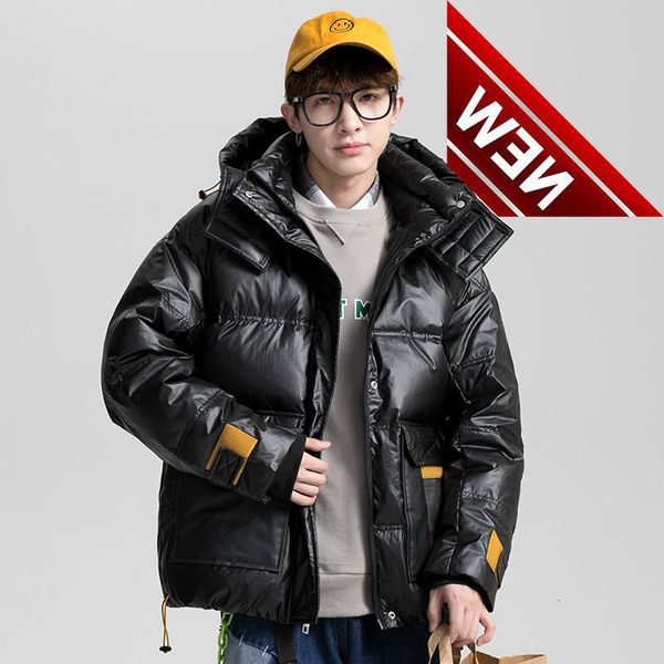 

2021 winter men's fashion glossy white duck down jackets male short thick warm overcoats men solid color hooded coats w841, Black