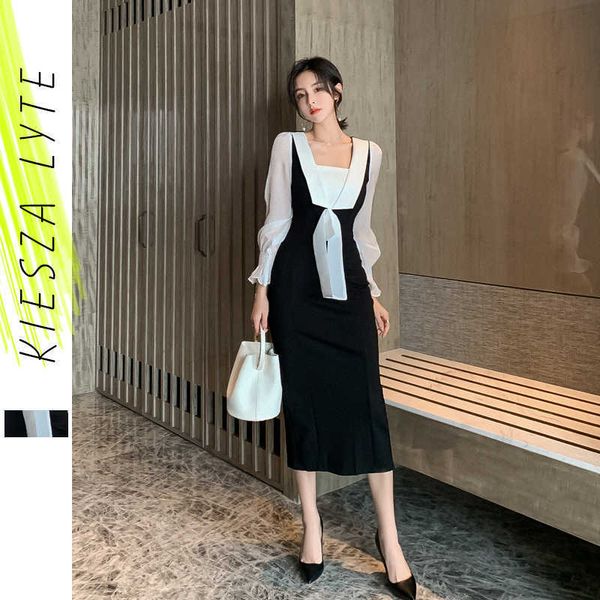 

office lady midi dress women fashion long puff sleeve evening party dresses vestidos de festa spring 210608, Black;gray