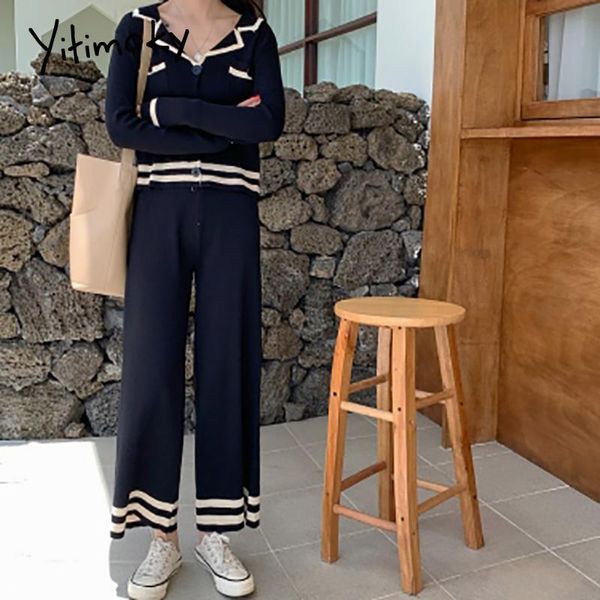 

women's two piece pants yitimoky vintage 2 suit women autumn winter 2021 korean v-neck knit straight high waist wide leg apricot black, White