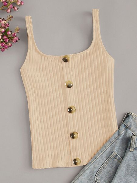 

button front rib-knit cami f451#, White