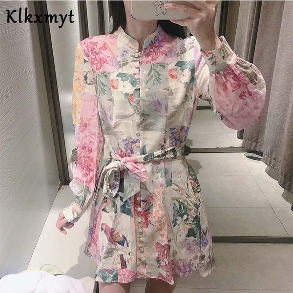 

2021klkxmyt za 2021 women vintage long sleeve o neck floral print bow sashes shirt mini dress female chic slim button-up vestidos, Black;gray