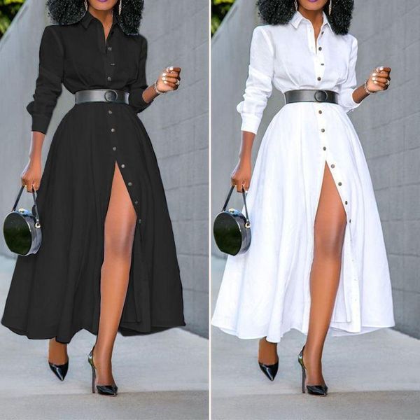 

casual dresses loose long sleeve shirt dress 2021 fashion women vintage solid color ol office split party vestidos 5xl, Black;gray
