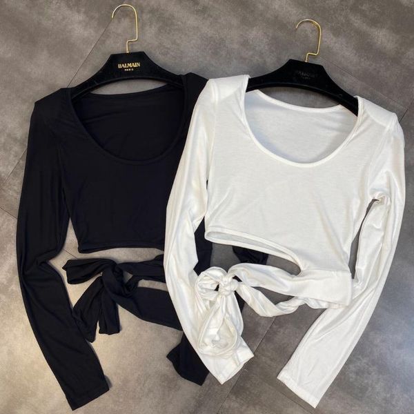 

women's hoodies & sweatshirts zcsmll autumn round neck shoulder pads long sleeves waistless hollow tie rope cross stretch women shirt t, Black