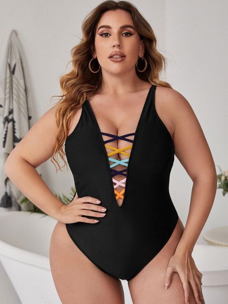 

plus cross plunging one piece swimsuit t7xj#, Black