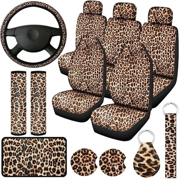 

seat cushions 13 pcs leopard print car covers full set, steering wheel cover, coasters armrest pad cover
