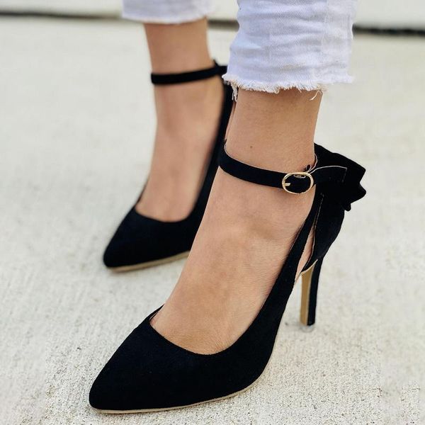 

ladies fashion high heels pumps shoes buckle bow women's shoe pointed toe thin female footwear plus size sandals, Black