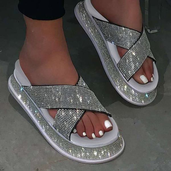 

spring new fashion diamond slippers women's thick soled sandals women's shoes large women's slippers, Black