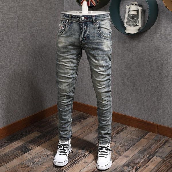 

men's jeans european american vintage fashion men retro wash elastic cotton slim fit ripped distressed designer denim pants, Blue