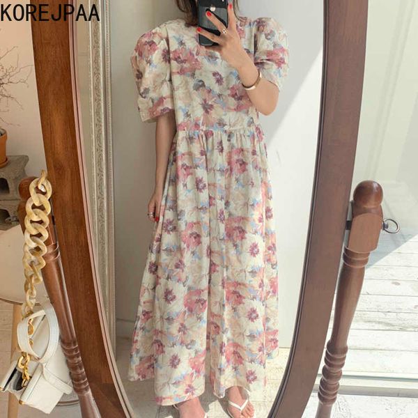 

korejpaa women dress summer korean chic ladies gentle temperament high waist loose oil painting printed puff sleeve vestido 210526, Black;gray