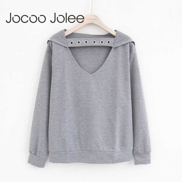 

jocoo jolee women casual women hoodies v neck hooded sweatshits solid long sleeve loose harajuku pullovers hoodies 210619, Black