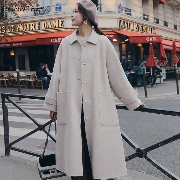 

women's wool & blends womens beige solid loose turn down collar long sleeve outwear gentle elegant lady korean style classial casual fa, Black