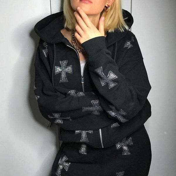 

gym clothing rhinestone gothic streetwear long sleeve black zip hoodie hip hop joggers sweatshirt korean fashion sport sets coat pullover, White;black