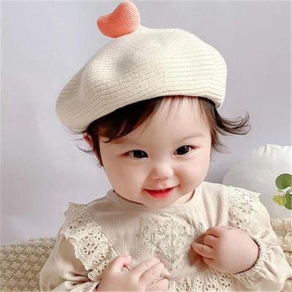 

berets autumn winter kids knitted beret baby painter hat cute heart bernat french artist warm wool beanies for girls 2021 korea fashion, Blue;gray