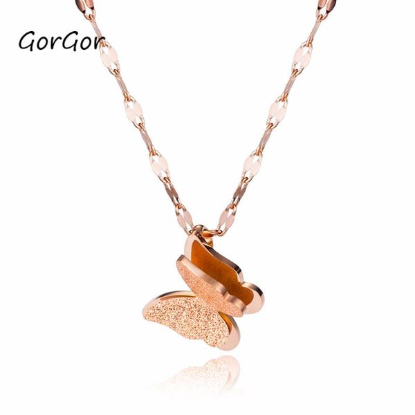 

gorgor women necklace matte double layer butterfly design stainless steel chains lobster buckle ladies fashion accessories 1665 pendant neck, Silver