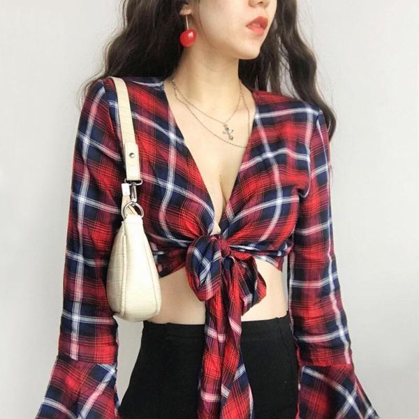 

women's blouses & shirts women tie front long sleeve in red check, White