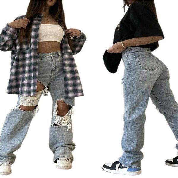 

women's jeans women ripped high waist hollow out trousers straight-leg denim pants outwear solid holes destroyed boyfriend, Blue