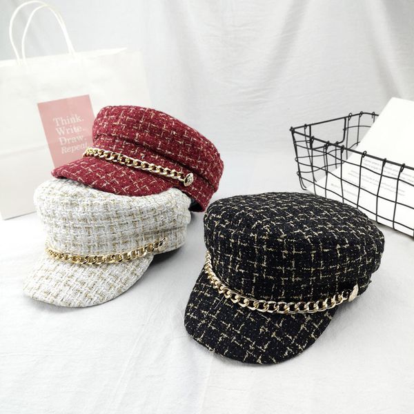 

small fragrance chain navy hat women autumn winter version of the flat net red beret british trendsetter, Yellow