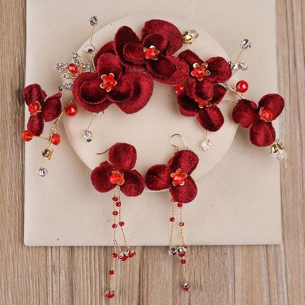 

earrings & necklace forseven red rose flower pearl bridal headpiece tiara earring set crystal handmade women wedding hair accessories jewelr, Silver