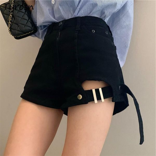 

women's shorts denim hole women design vintage streetwear summer zipper loose all-match high waist wide-leg trousers mujer ulzzang, White;black