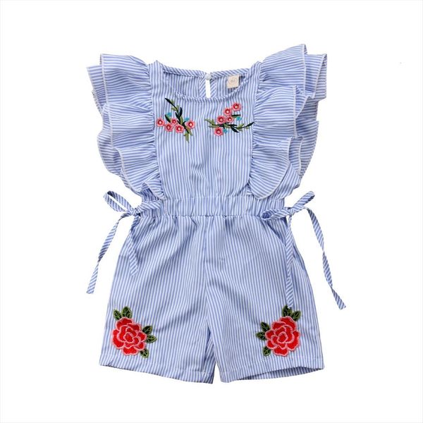 

toddler kids baby rompers girl flower stripe embroidered overalls shorts ruffle romper jumpsuit outfits clothes 6m 5y, Blue