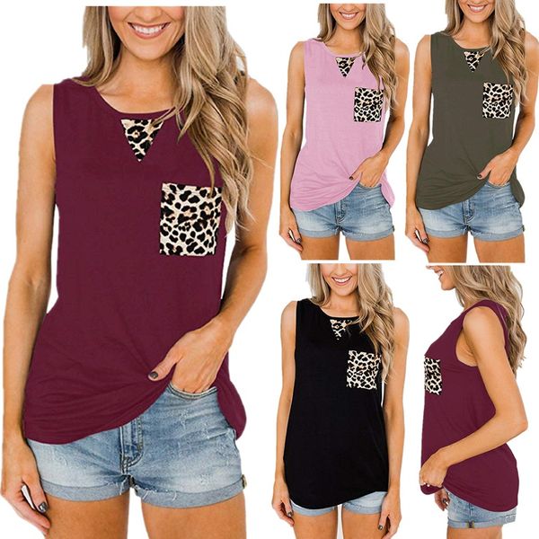 

2021spring and summer new round neck sleeveless stitching pocket leopard vest t-shirt for women, White