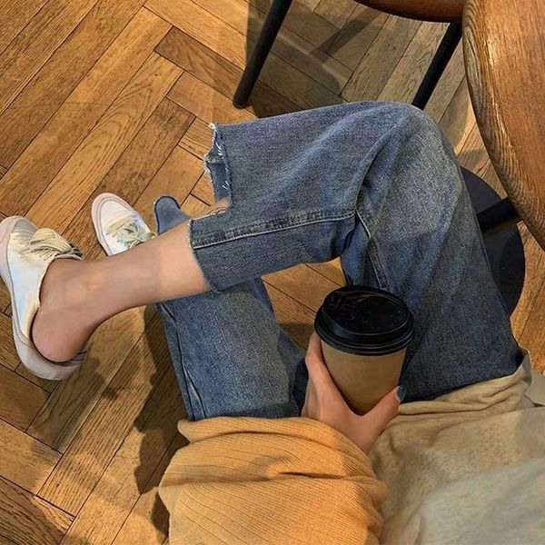

women's jeans loose fit korean students' autumn and winter 2021 small straight pants capris high waist wide leg, Blue