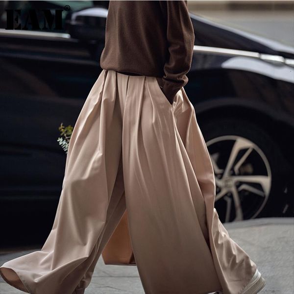 

[eam] big bem pleated women pant floor length apricot high waist trousers loose fit pants fashion tide spring autumn 1dd4785, Black;white