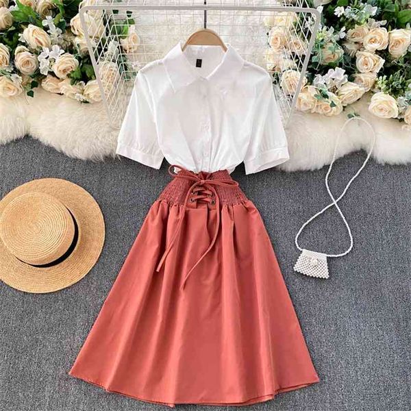 

spring fashion shirt dress patchwork women short-sleeved contrast color slim fit waist a-line uk966 210506, Black;gray