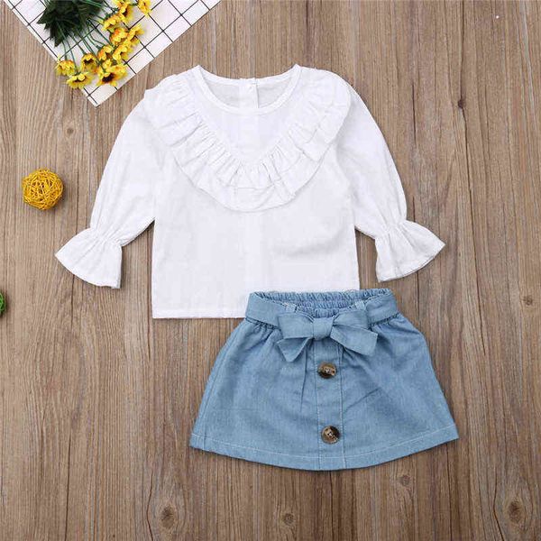 

2022 spring new fashion children's clothing suit small fresh white shirt and denim skirt suit luxury fashion clothes boutique g220217