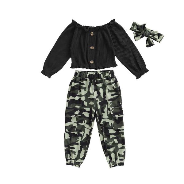 

clothing sets 2021 2-6y fashion kids girl set button off shoulder long sleeve camouflage print pants+headband autumn outfits 3pcs, White