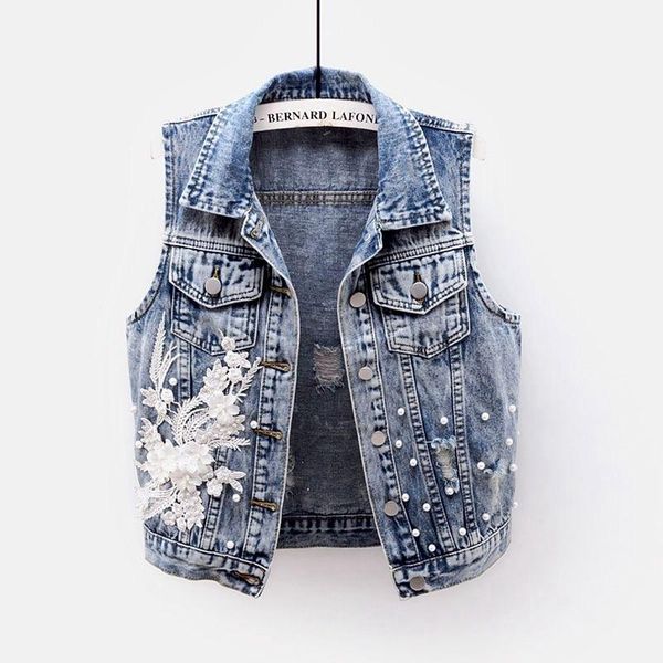 

women's vests blue beading embroidery flowers denim vest women loose sleeveless jacket summer korean holes short jeans female waistcoat, Black;white