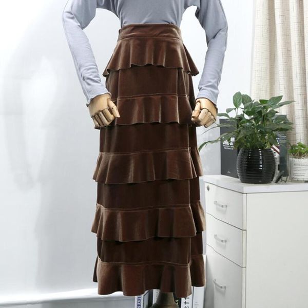 

skirts gold velvet skirt women cake high waist pleated a-line plus size 3xl, Black